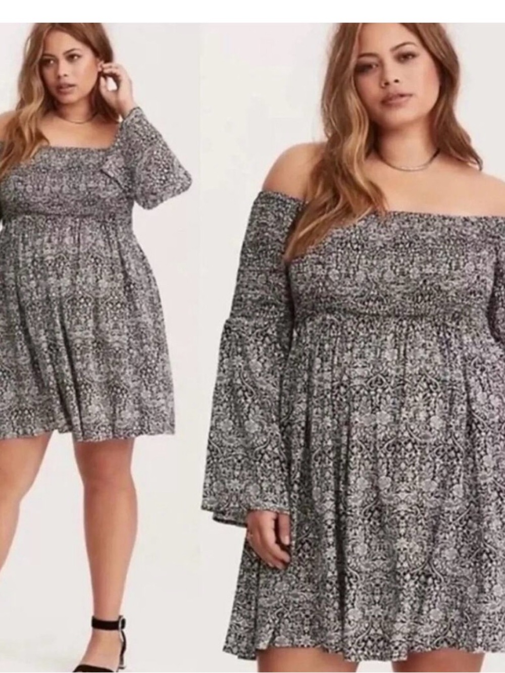 TORID 3X EUC Off-Shoulder Black & White Printed Smocked MINI Dress